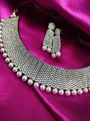 N01179_Grand Lovely designer Silver polished Necklace Set  embellished with American diamond stones with delicate white Stones .