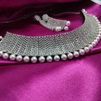 N01179_Grand Lovely designer Silver polished Necklace Set  embellished with American diamond stones with delicate white Stones .