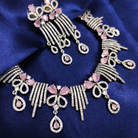 N01184_Grand Lovely designer Silver polished Necklace Set  embellished with American diamond stones with delicate Pink Stones .