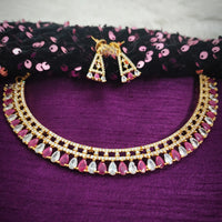 N01188_Grand Lovely designer Gold polished Necklace Set  embellished with American diamond stones with delicate Dark Pink Stones .