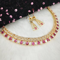 N01188_Grand Lovely designer Gold polished Necklace Set  embellished with American diamond stones with delicate Dark Pink Stones .