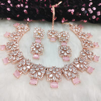 N01189_Grand Lovely designer Rose Gold polished Necklace Set  embellished with American diamond stones with delicate Pink Stones .