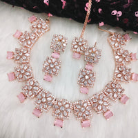 N01189_Grand Lovely designer Rose Gold polished Necklace Set  embellished with American diamond stones with delicate Pink Stones .