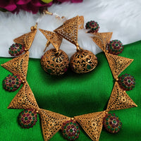 N0562_Classic temple jewelry style crafted design gold plated necklace set embellished with ruby stones .