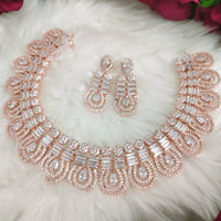 N01197_Elegant design Rose Gold Polished American Diamond choker necklace studded with beautiful dazzling stones with delicate white work.
