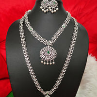 N01202_Elegant design Silver Polished American Diamond choker necklace studded with beautiful dazzling stones with delicate green work.