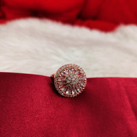 R097_Elegant flowery design circular rose gold American Diamond studded statement ring with a touch of white stones.
