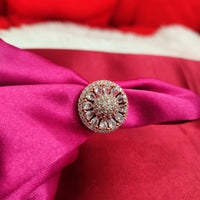 R097_Elegant flowery design circular rose gold American Diamond studded statement ring with a touch of white stones.