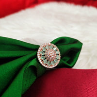 R095_Elegant flowery design circular rose gold American Diamond studded statement ring with a touch of mint green stones.