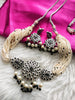 N0162_Exquisite pure German silver Oxidized necklace set studded with stones with a touch of white moti & pearl drops.