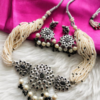N0162_Exquisite pure German silver Oxidized necklace set studded with stones with a touch of white moti & pearl drops.