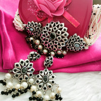 N0162_Exquisite pure German silver Oxidized necklace set studded with stones with a touch of white moti & pearl drops.