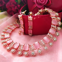 N0582_Lovely square design rose gold choker necklace embellished with delicate work of American diamond stones with a touch of pink stones.