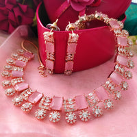 N0582_Lovely square design rose gold choker necklace embellished with delicate work of American diamond stones with a touch of pink stones.