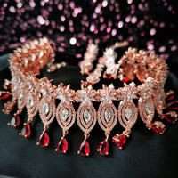 N01220_Elegant design Rose Gold Polished American Diamond choker necklace studded with beautiful dazzling stones with delicate red Stones work.