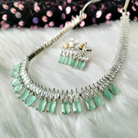 N01251_Gorgeous  designer silver polished american diamond embellished necklace set with a touch of  mint green stones.