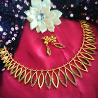 N0564_1_Classic matte gold polished temple jewelry style crafted design gold plated necklace set embellished with ruby and green stones .