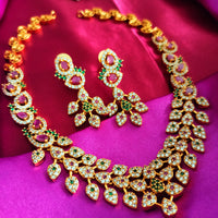 N0563_Classic matte gold polished temple jewelry style crafted design gold plated necklace set embellished with ruby and green stones .