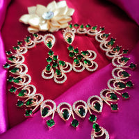 N01250_Gorgeous  designer rose gold american diamond embellished necklace set with a touch of  leafy green stones.