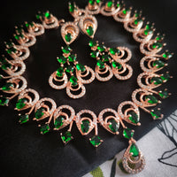 N01250_Gorgeous  designer rose gold american diamond embellished necklace set with a touch of  leafy green stones.