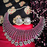 N02005_Exquisite pure German silver Oxidized necklace set studded with stones with a touch of pink stones & pearl drops.