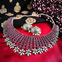 N02005_Exquisite pure German silver Oxidized necklace set studded with stones with a touch of pink stones & pearl drops.