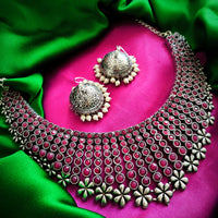 N02005_Exquisite pure German silver Oxidized necklace set studded with stones with a touch of pink stones & pearl drops.