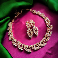 N02004_Classic Rose gold polished choker style flower crafted design necklace set embellished with  white stones .