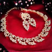 N02004_Classic Rose gold polished choker style flower crafted design necklace set embellished with  white stones .
