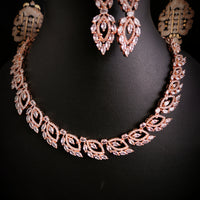 N02004_Classic Rose gold polished choker style flower crafted design necklace set embellished with  white stones .