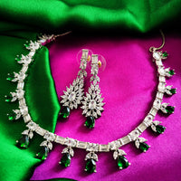 N02002_Classic silver polished choker style crafted design necklace set embellished with  green stones .