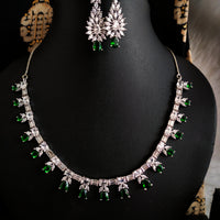 N02002_Classic silver polished choker style crafted design necklace set embellished with  green stones .