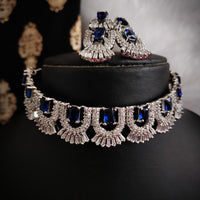 N02001_Classic silver polished choker style crafted design necklace set embellished with  blue stones .