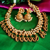 N03017_Shankha Design_Classic matte gold polished temple jewelry style  crafted design gold plated necklace set embellished with white stones .