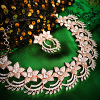 N03004_Classic Rose gold polished choker style flower crafted design necklace set embellished with  white stones .