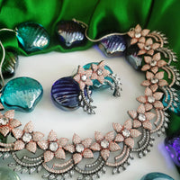 N03005_Classic Rose gold And Black metal polished choker style flower crafted design necklace set embellished with  white stones .
