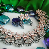 N03005_Classic Rose gold And Black metal polished choker style flower crafted design necklace set embellished with  white stones .