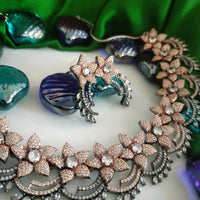 N03005_Classic Rose gold And Black metal polished choker style flower crafted design necklace set embellished with  white stones .