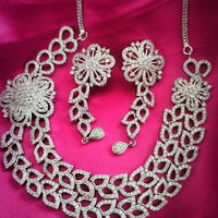 N03004_Classic Silver polished choker style crafted design necklace set embellished with  white stones .
