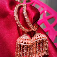 E01003_1_Ravishing grand layered designer rose gold  hoop jumkas with delicate stone work.