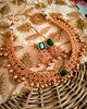 N03019_Classic matte gold polished temple jewelry style  crafted design gold plated necklace set embellished with green stones .