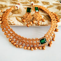 N03019_Classic matte gold polished temple jewelry style  crafted design gold plated necklace set embellished with green stones .