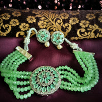 N02020_Classic designer Grape Green pearl crystal Grand round shaped pendant choker necklace set studded  with  American diamond stones.