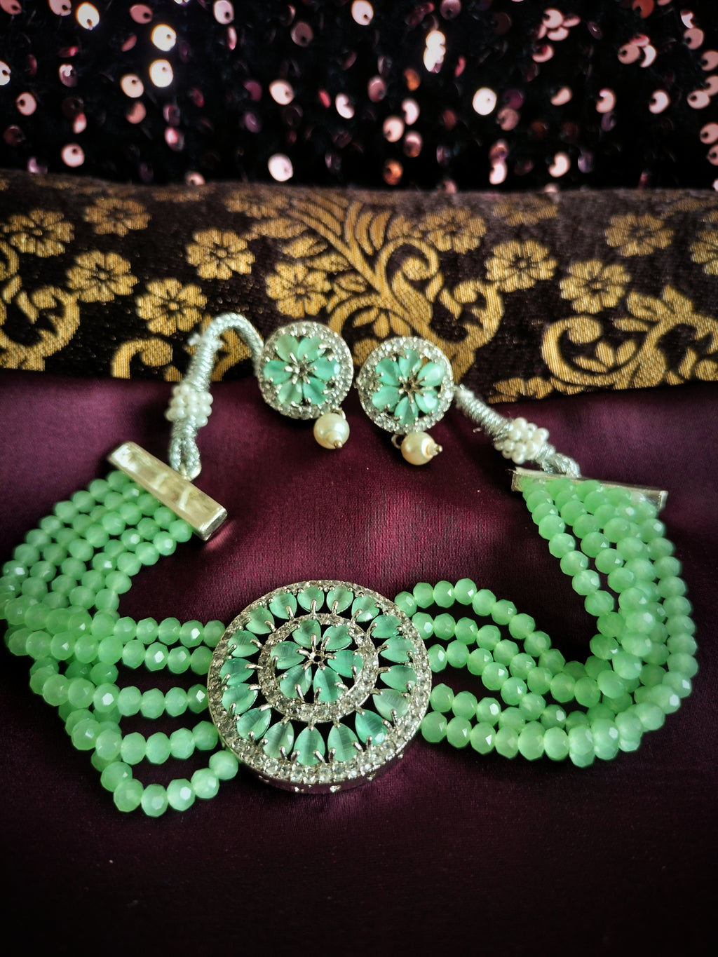 N02020_Classic designer Grape Green pearl crystal Grand round shaped pendant choker necklace set studded  with  American diamond stones.