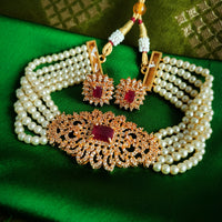 N02001_Classic designer off white pearl crystal Grand square shaped pendant choker necklace set studded  with  American diamond stones.