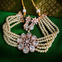 N02027_Classic designer Off White pearl crystal Grand Flower shaped pendant choker necklace set studded  with  American diamond stones.