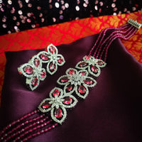 N0575_Classic designer crystal with floral design pendant choker necklace set studded  with  American diamond stones.