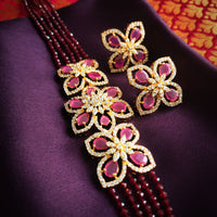 N0565_Classic designer crystal Grand flower design pendant choker necklace set studded  with  American diamond stones.
