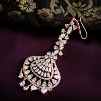 M022_Beautiful rose gold American diamond studded Maang tika with delicate stone work.