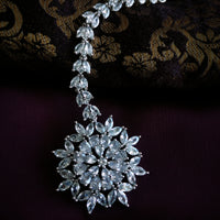 M050_Lovely designer  American diamond studded silver  polished Maang tika with a touch of white stones.